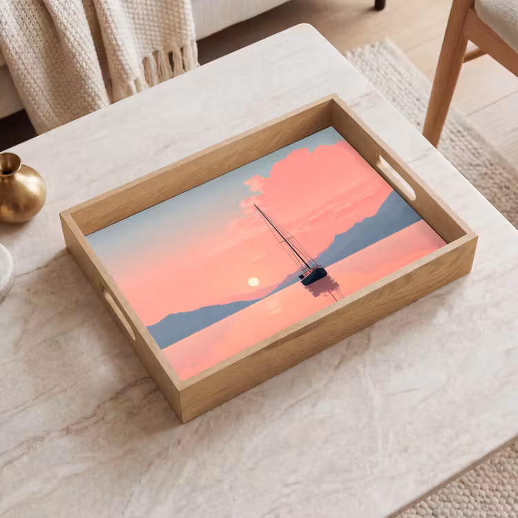 Tray - Sailboat - Pink sea - Sunset - Mountains — 2