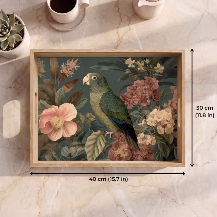 Tray - Green parrot - Colorful flowers - Dark background — 7