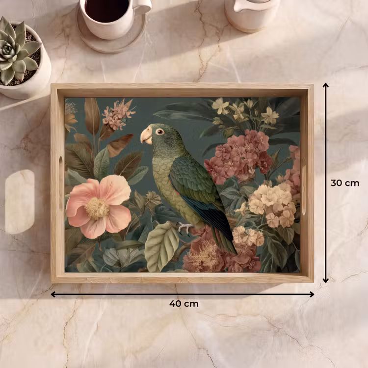 Tray - Green parrot - Colorful flowers - Dark background — 8