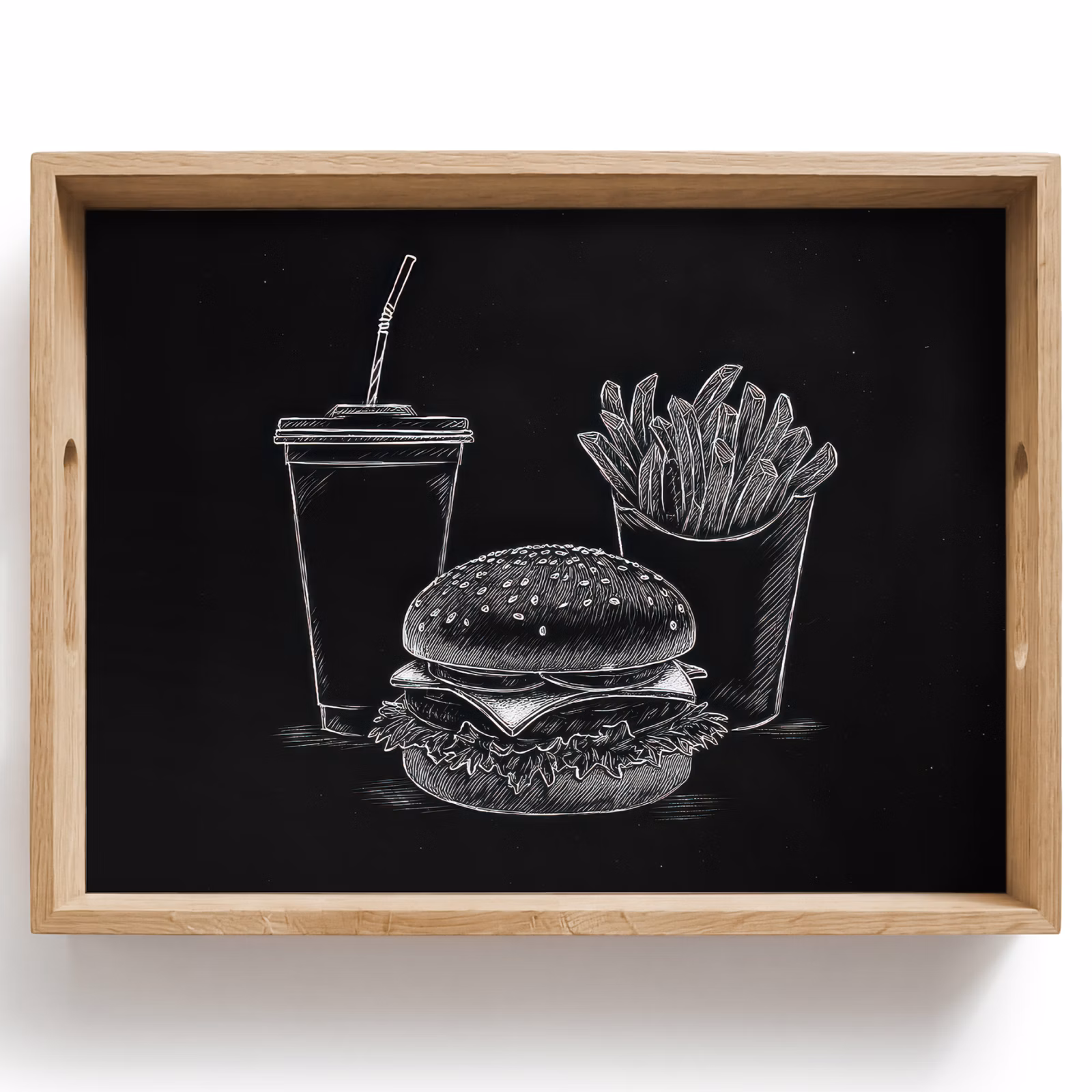 Tray - Hamburger - French fries - Soft drink - Chalk drawing — 1