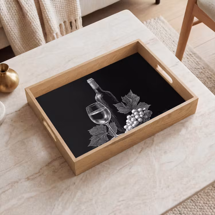 Tray - Wine bottle - Glass - Grapes - Leaves — 2