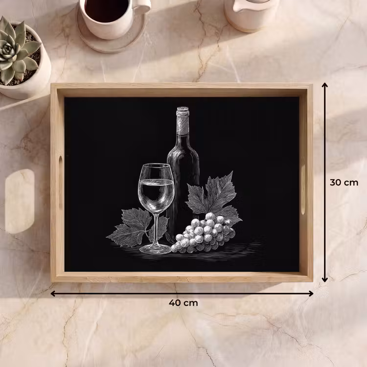 Tray - Wine bottle - Glass - Grapes - Leaves — 8