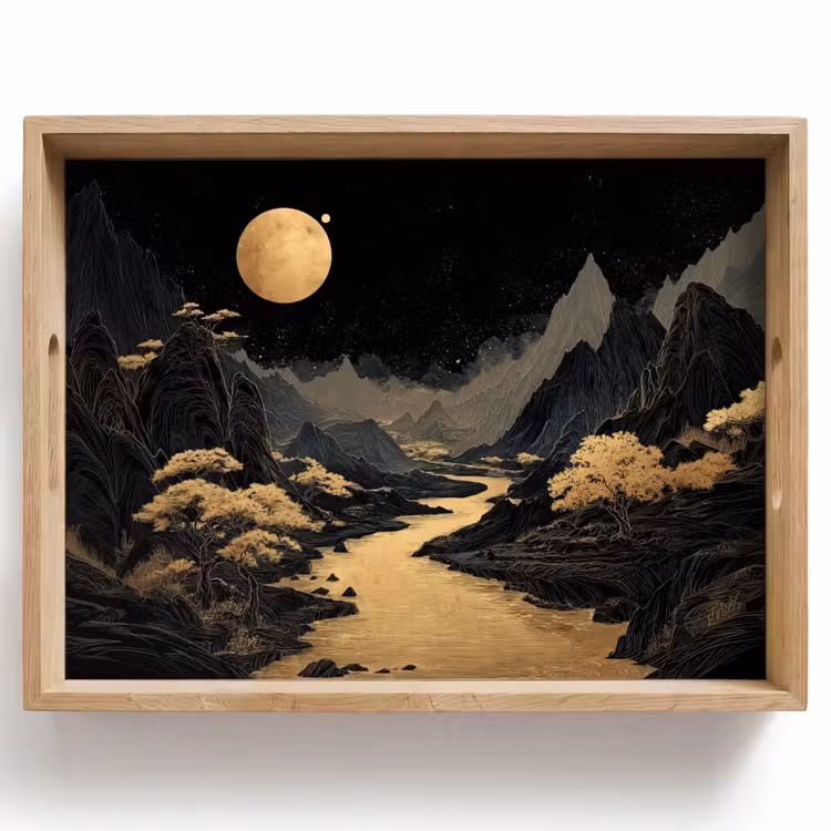 Tray - Golden river - Mountains - Moon - Starry sky — 1