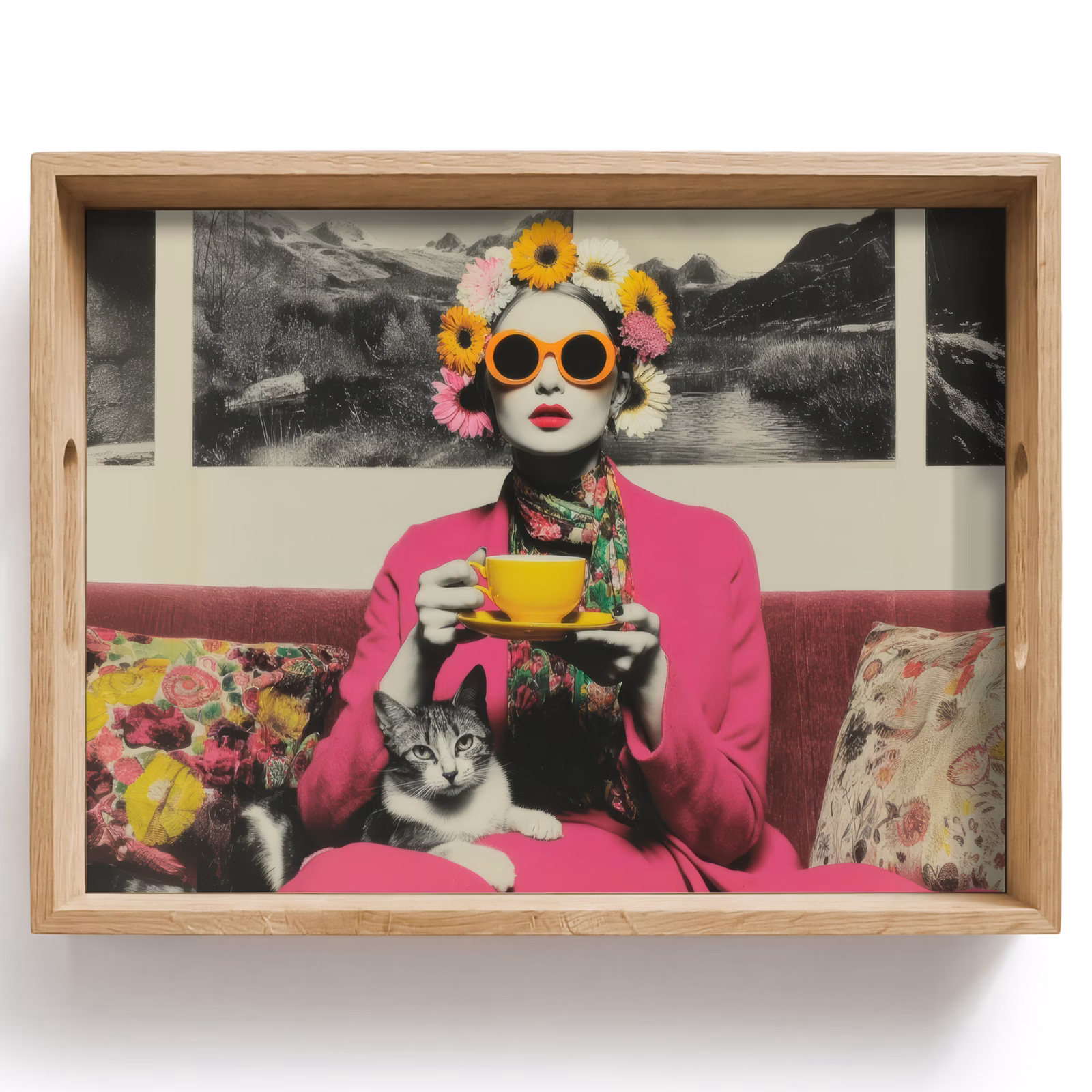 Tray - Woman - Cat - Flowers - Cup - Retro — 1