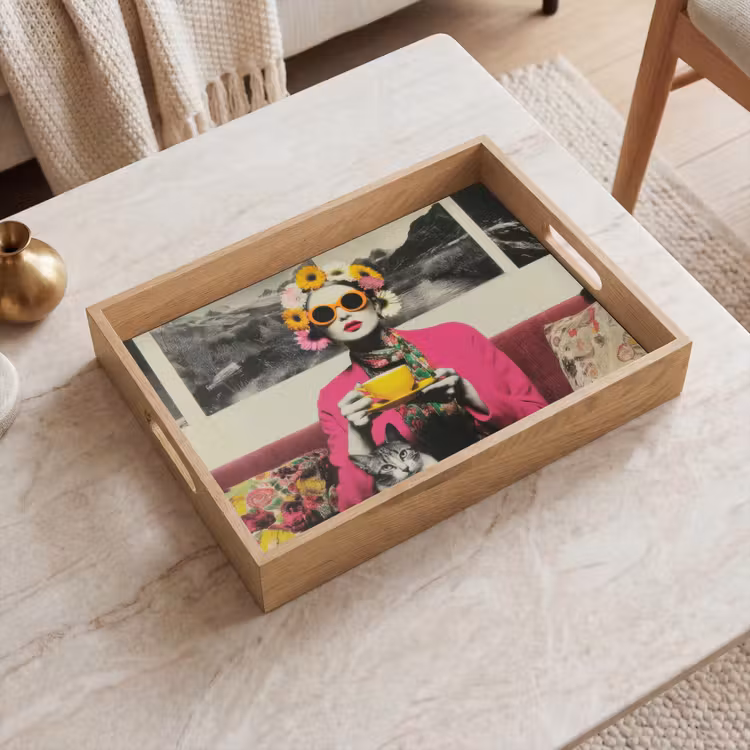Tray - Woman - Cat - Flowers - Cup - Retro — 2