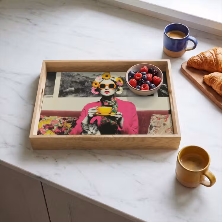 Tray - Woman - Cat - Flowers - Cup - Retro — 3