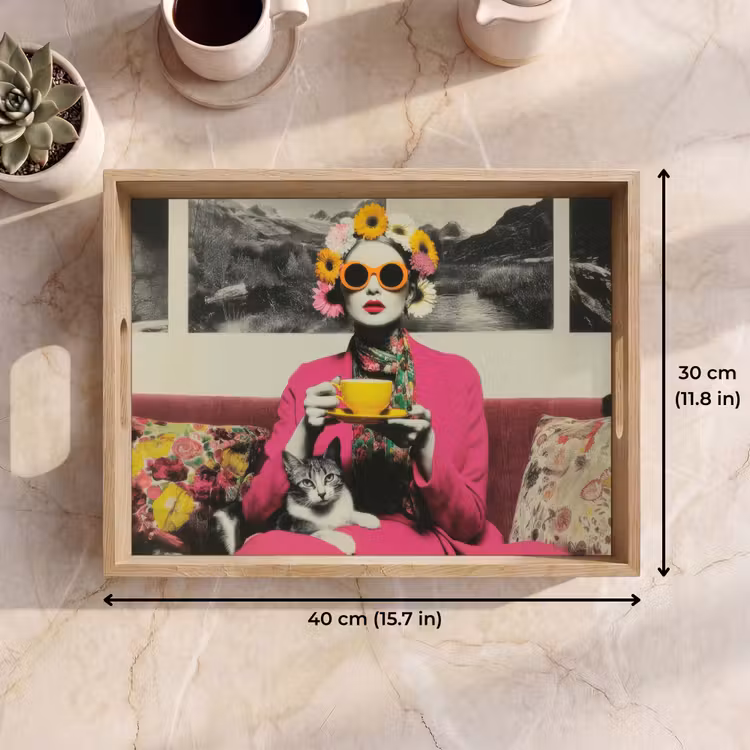 Tray - Woman - Cat - Flowers - Cup - Retro — 7