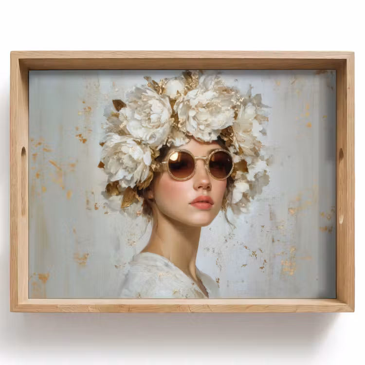 Tray - Painting - Woman - Sunglasses - Wreath of flowers — 1