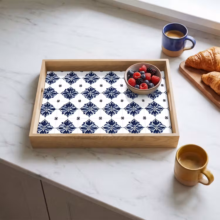 Tray - Tile motif - Blue - White - Flower — 3