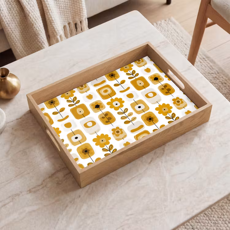 Tray - Retro - Abstract - Flowers - Ochre Yellow — 2