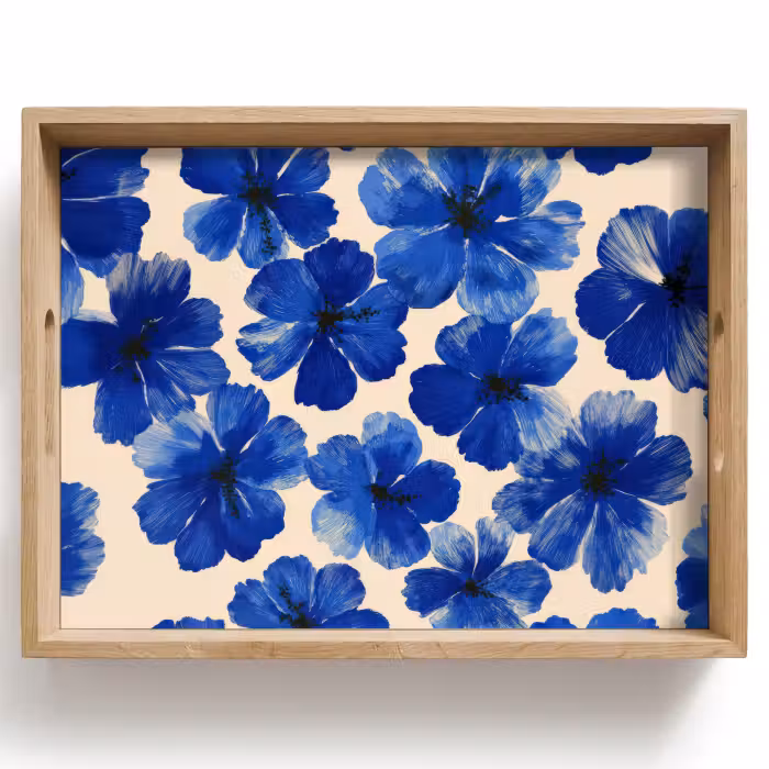 Tray - Flowers - Blue -Patterned - White
