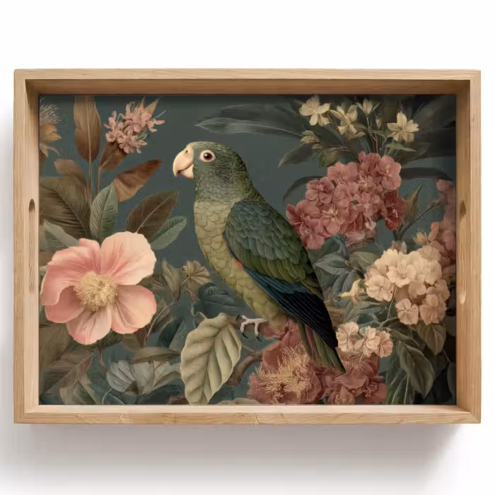 Tray - Green parrot - Colorful flowers - Dark background