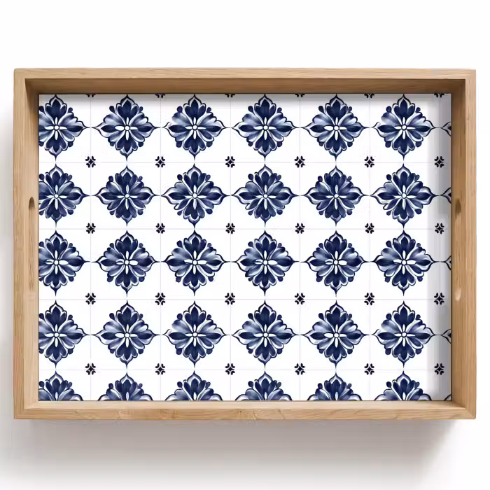 Tray - Tile motif - Blue - White - Flower