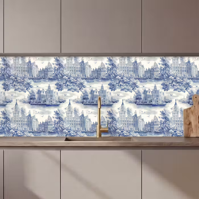 Kitchen splashback - Houses - Trees - Water - Birds - Blue