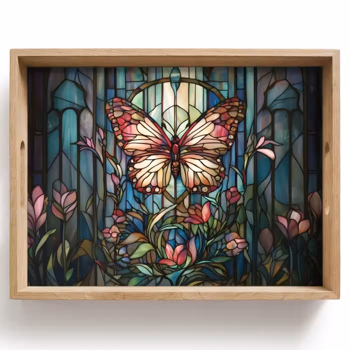 Tray - Butterfly - Pink - Flowers - Leaves
