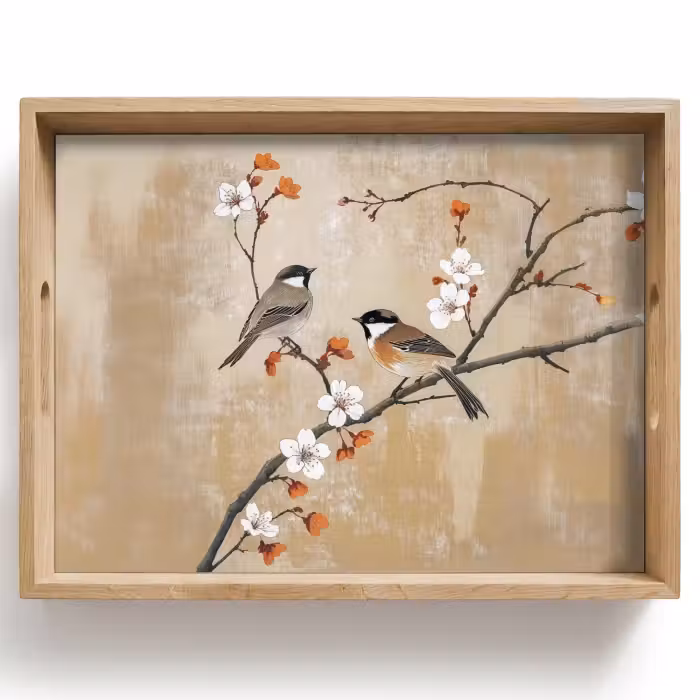 Tray - Birds - Blossom branch - Flowers - Orange