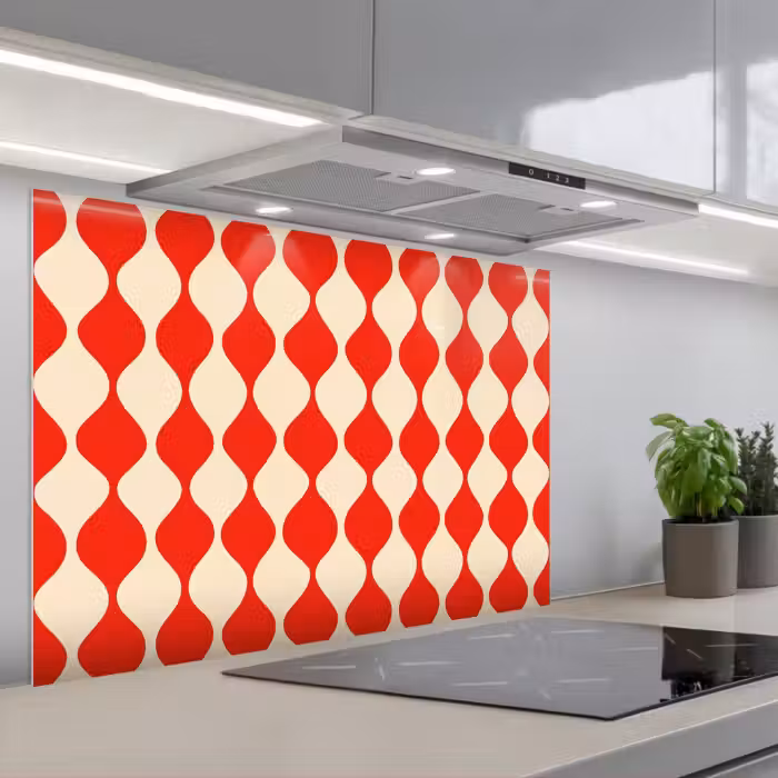 Kitchen splashback for hob - Wavy pattern - Retro - Red - Beige