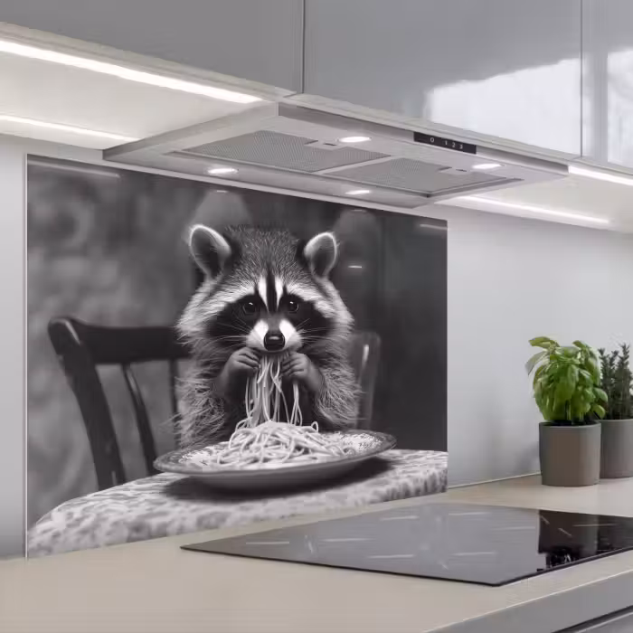 Kitchen splashback for hob - Raccoon - Cute - Pasta - Tablecloth - Black - White